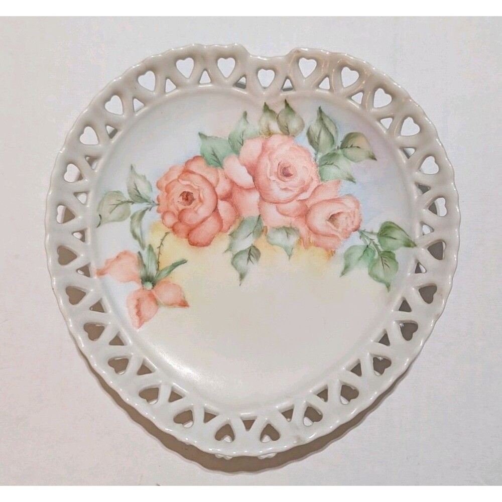 Vintage 1976 Hand Painted Ceramic Rose Plate Heart Cutout Reticulated Signed 7.7
